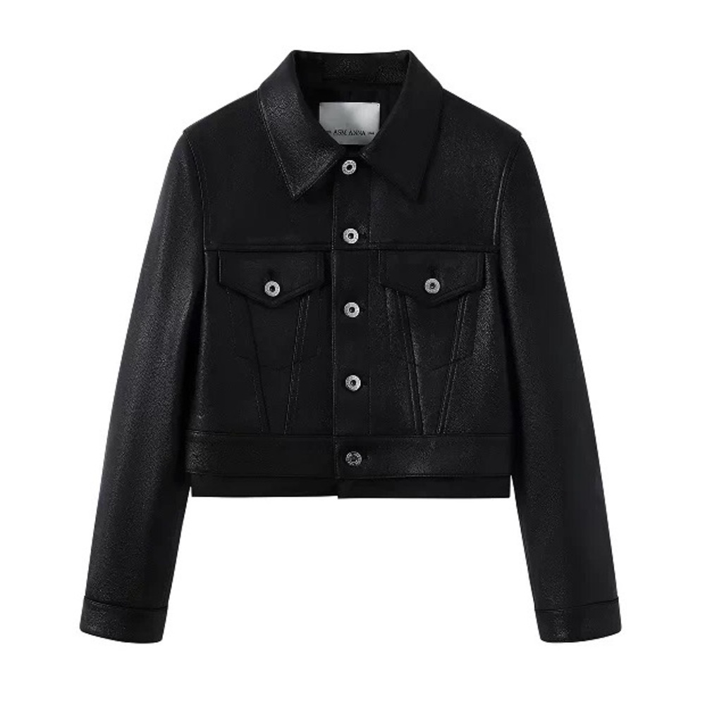 Black Cropped Lambskin Leather Jacket